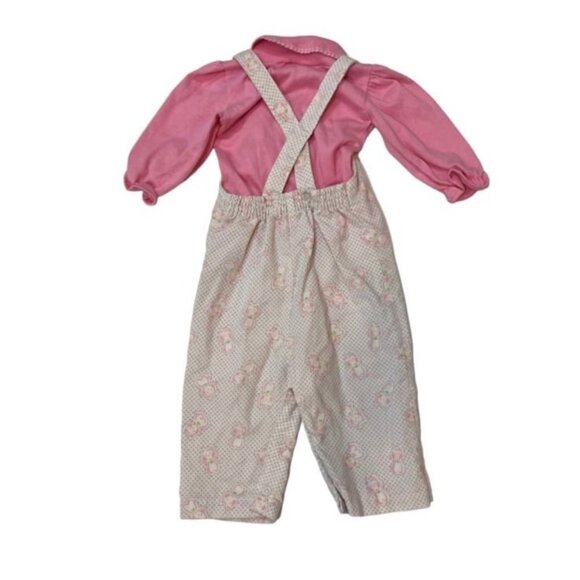 Vintage Health Tex pink outfit long sleeve shirt cat pattern overalls Girls 18mo - Picture 3 of 3